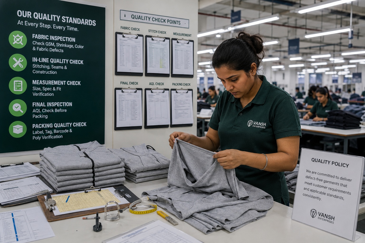 Quality control team inspecting garments at Vansh Enterprises, Noida